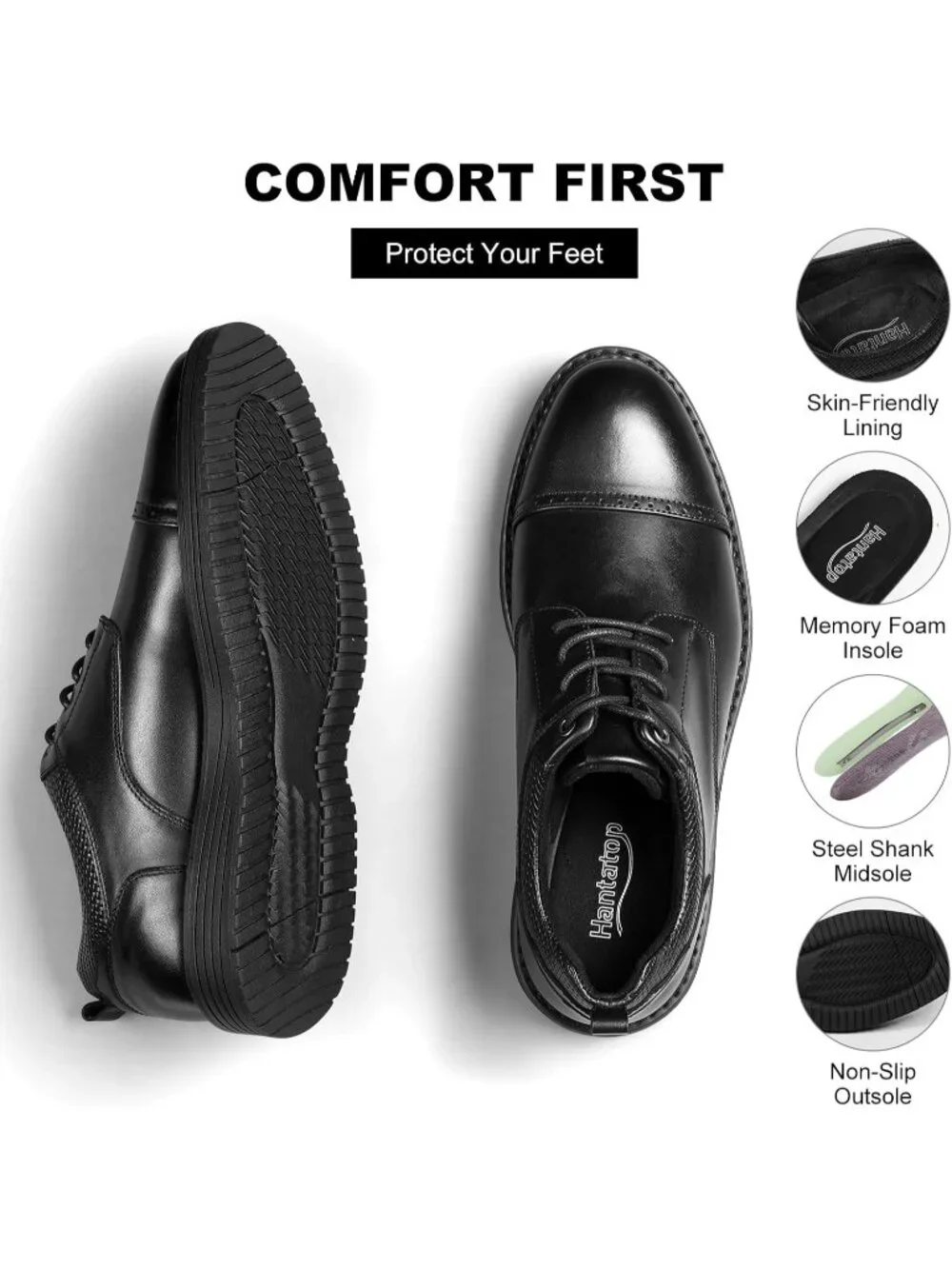 Men's Black Derby Genuine Leather Non Slip Casual Formal Oxford Dress Shoes